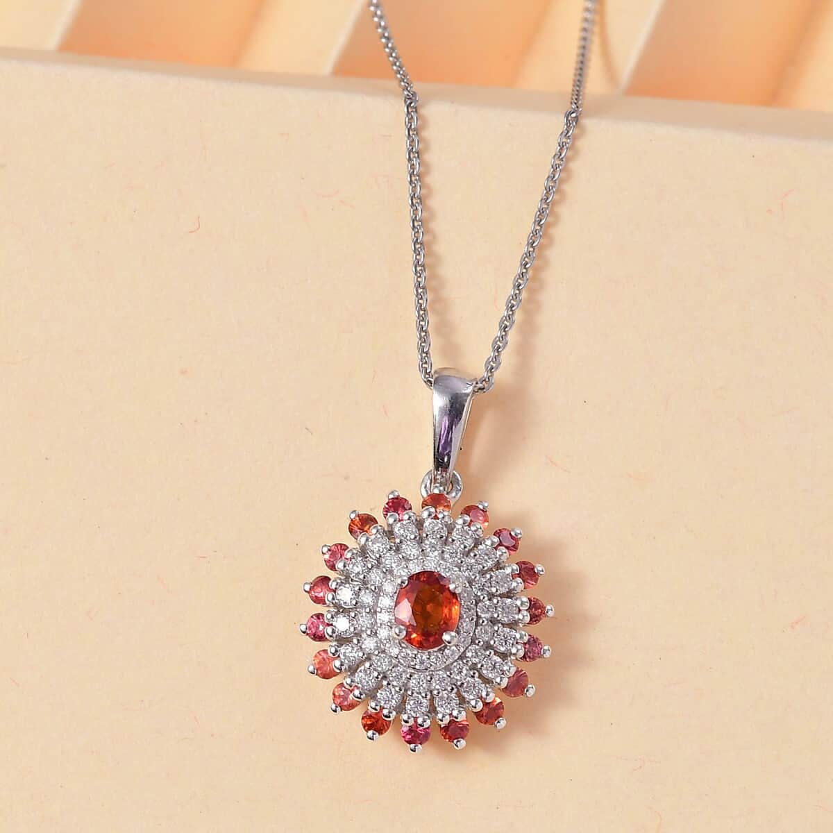 Doorbuster Premium Red Sapphire and Moissanite 1.50 ctw Solar Flare Pendant Necklace in Rhodium Over Sterling Silver 20 Inches image number 1