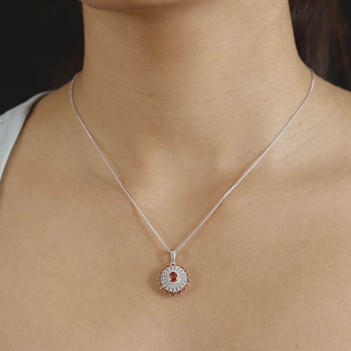 Doorbuster Premium Red Sapphire and Moissanite 1.50 ctw Solar Flare Pendant Necklace in Rhodium Over Sterling Silver 20 Inches image number 2