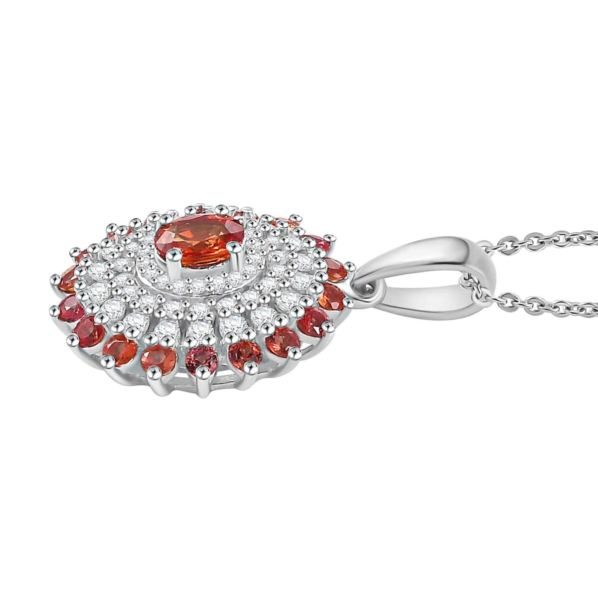 Doorbuster Premium Red Sapphire and Moissanite 1.50 ctw Solar Flare Pendant Necklace in Rhodium Over Sterling Silver 20 Inches image number 3