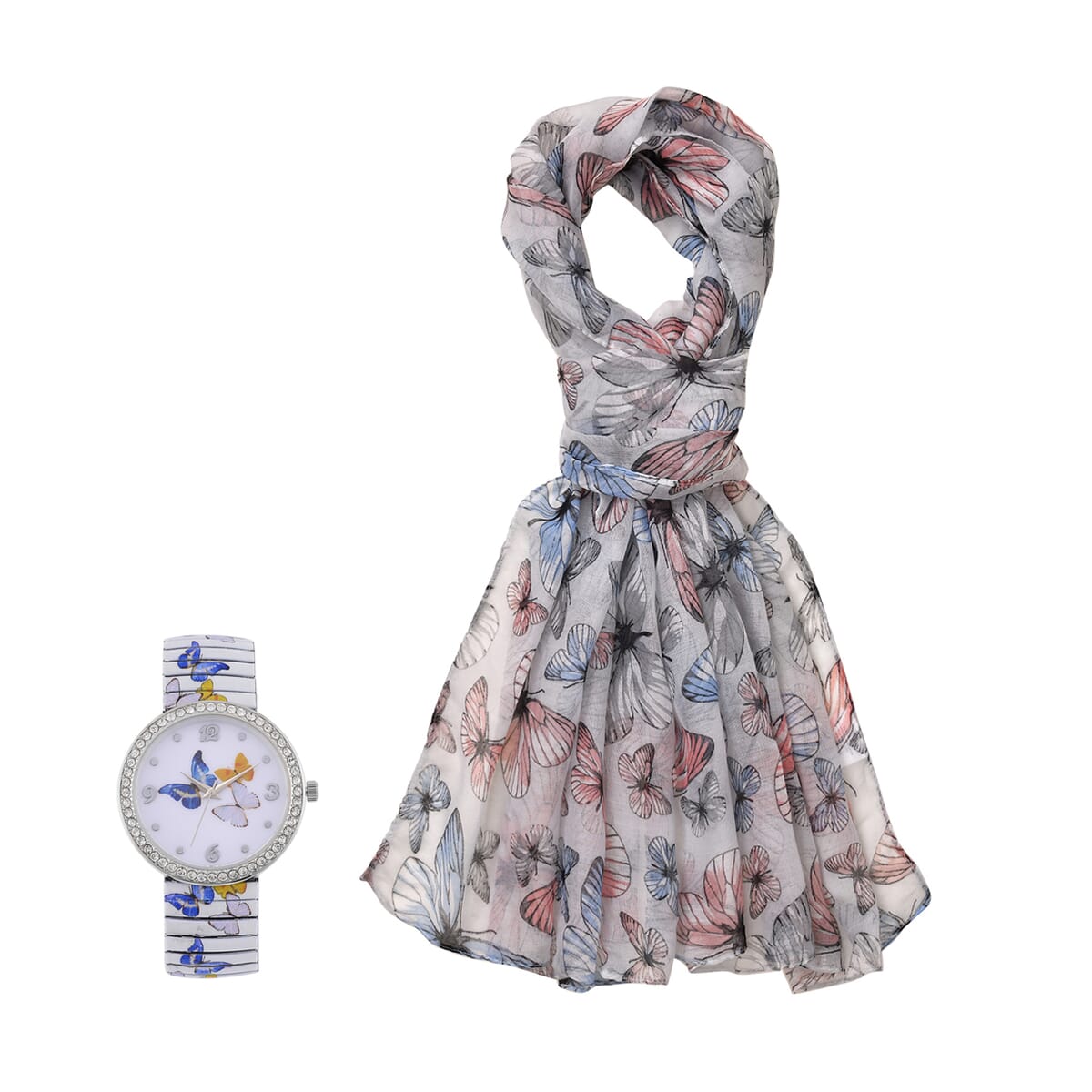 Strada Austrian Crystal Japanse Movement Butterfly Pattern Stretch Bracelet Watch with Stainless Steel Strap and Matching Scarf image number 0