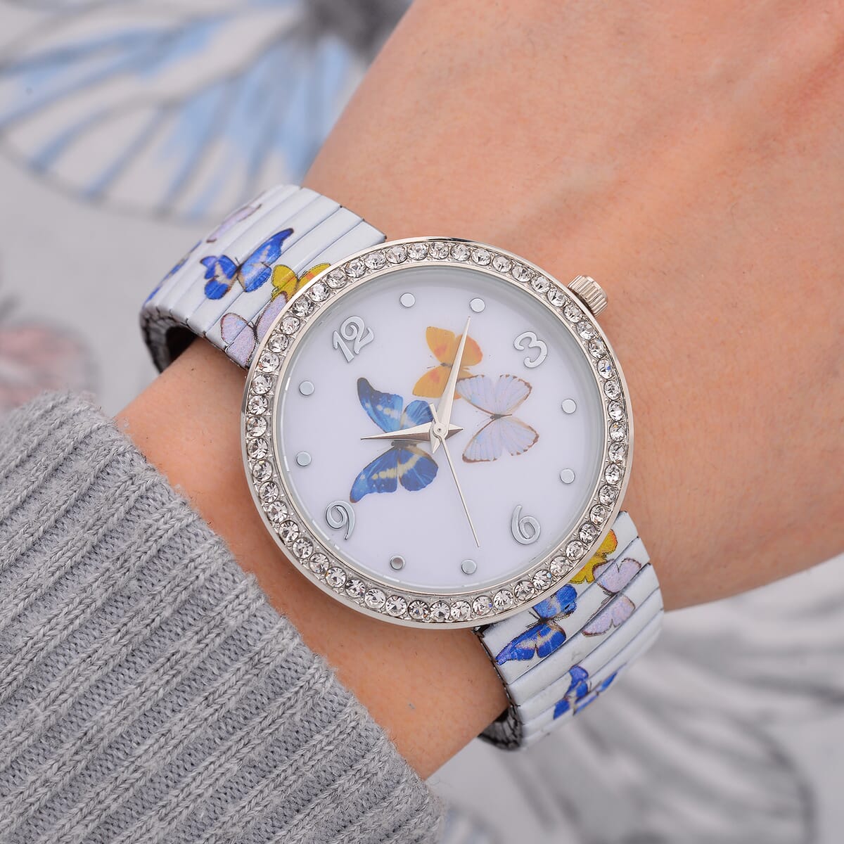 Strada Austrian Crystal Japanse Movement Butterfly Pattern Stretch Bracelet Watch with Stainless Steel Strap and Matching Scarf image number 1