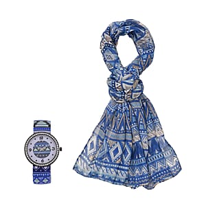 Strada Austrian Crystal Japanse Movement Blue Color Pattern Stretch Bracelet Watch with Stainless Steel Strap and Matching Scarf
