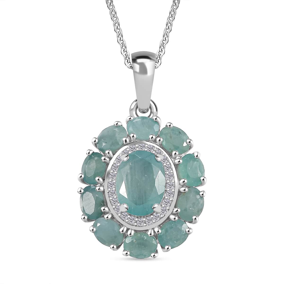 AAA Grandidierite and White Zircon 3.10 ctw Floral Pendant Necklace in Rhodium Over Sterling Silver 20 Inches image number 0