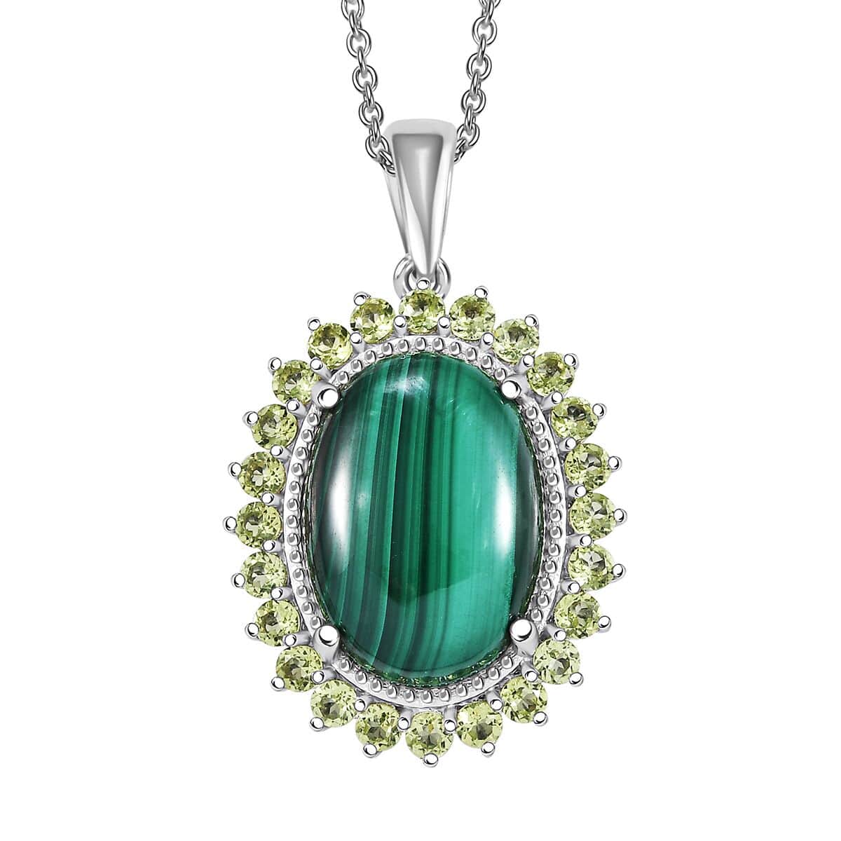 Karis African Malachite 16.35 ctw Halo Pendant Necklace in Platimum Bond Over Stainless Steel 20 Inches image number 0