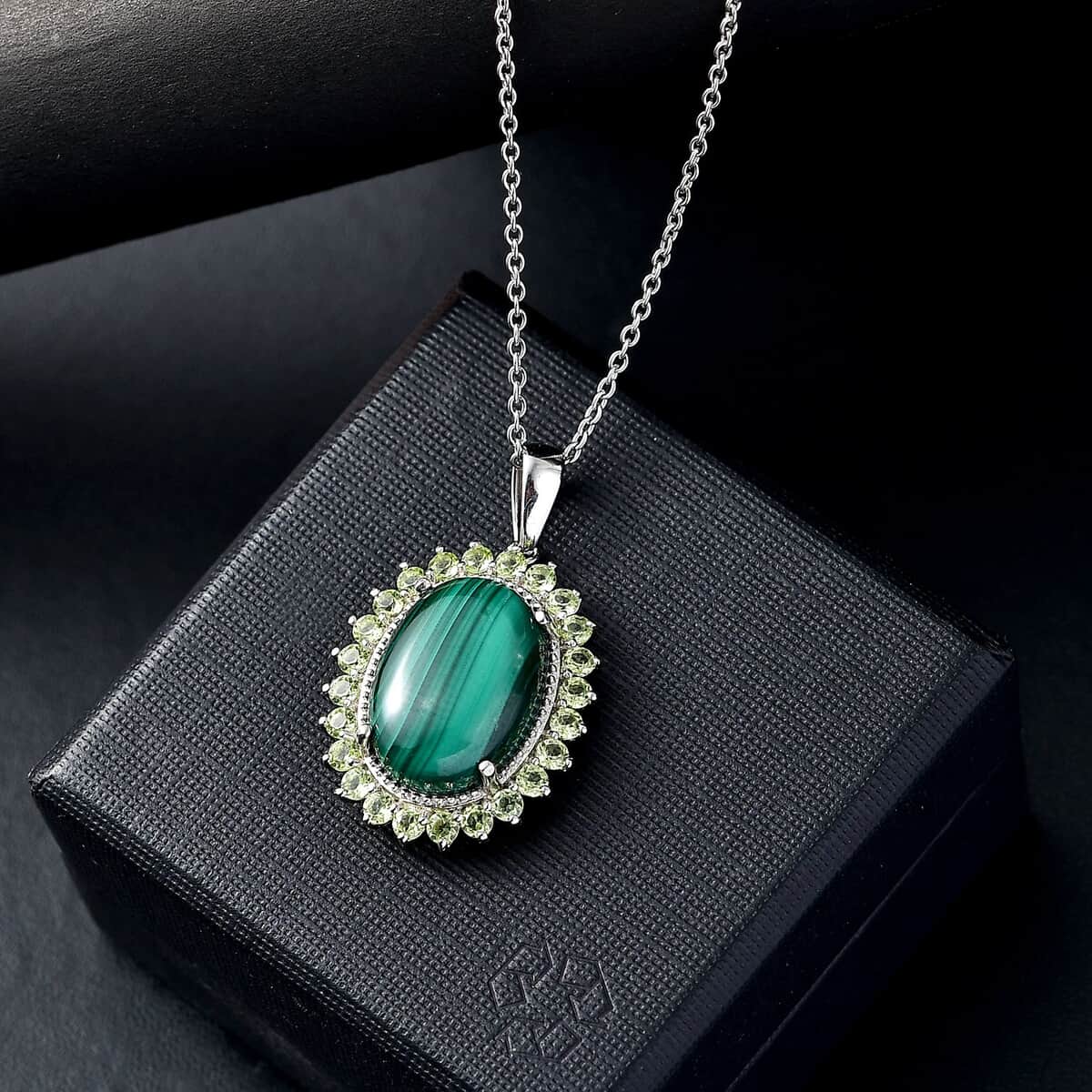 Karis African Malachite 16.35 ctw Halo Pendant Necklace in Platimum Bond Over Stainless Steel 20 Inches image number 1