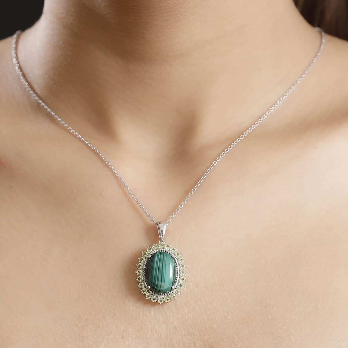 Karis African Malachite 16.35 ctw Halo Pendant Necklace in Platimum Bond Over Stainless Steel 20 Inches image number 2