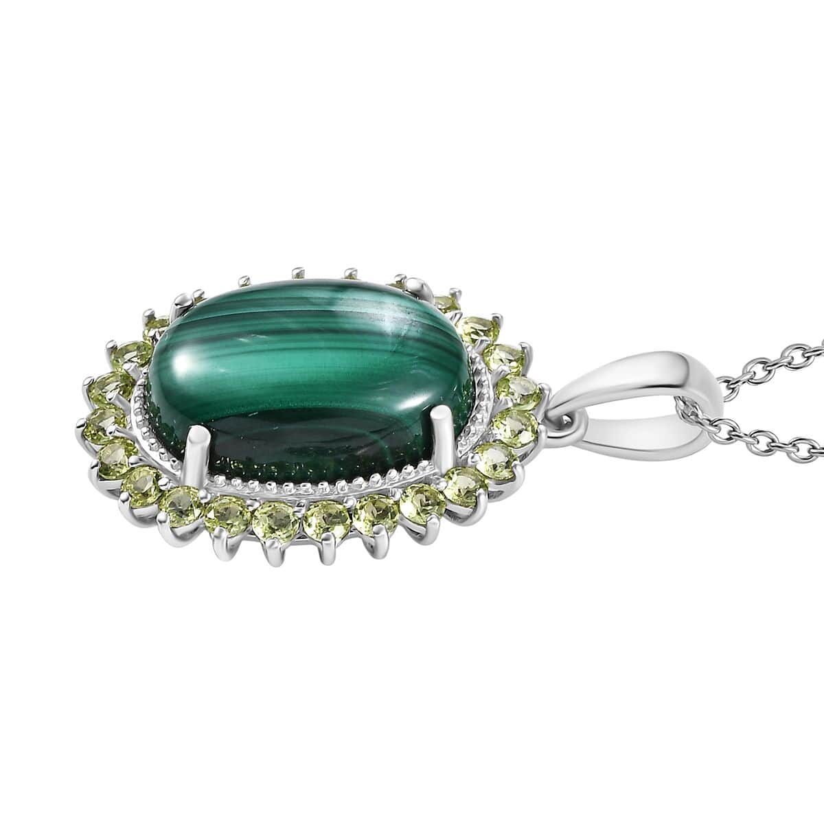 Karis African Malachite 16.35 ctw Halo Pendant Necklace in Platimum Bond Over Stainless Steel 20 Inches image number 3