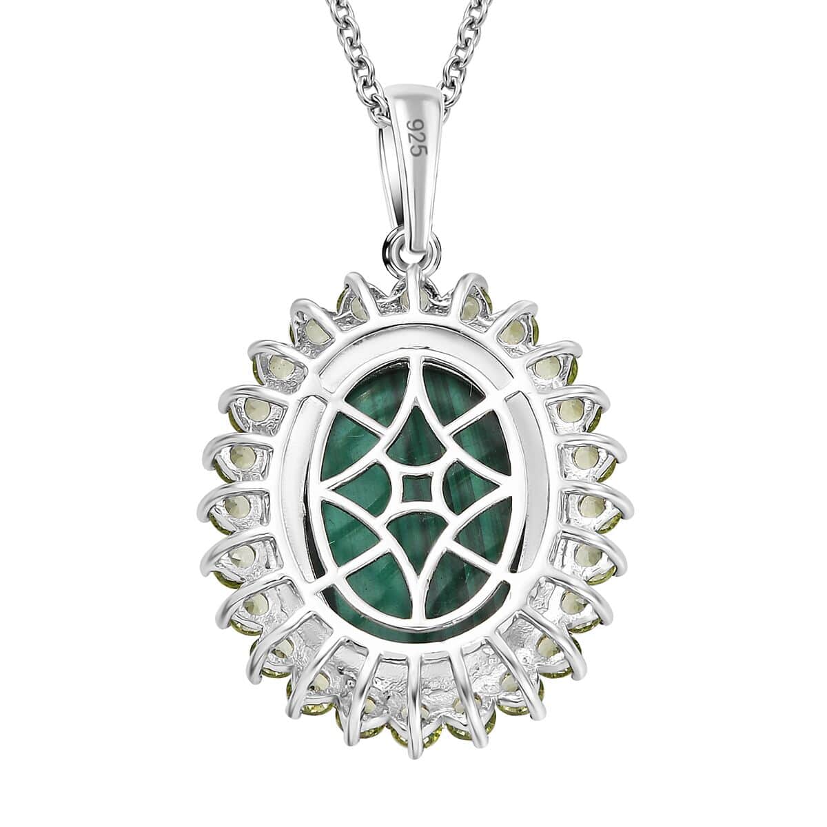 Karis African Malachite 16.35 ctw Halo Pendant Necklace in Platimum Bond Over Stainless Steel 20 Inches image number 4