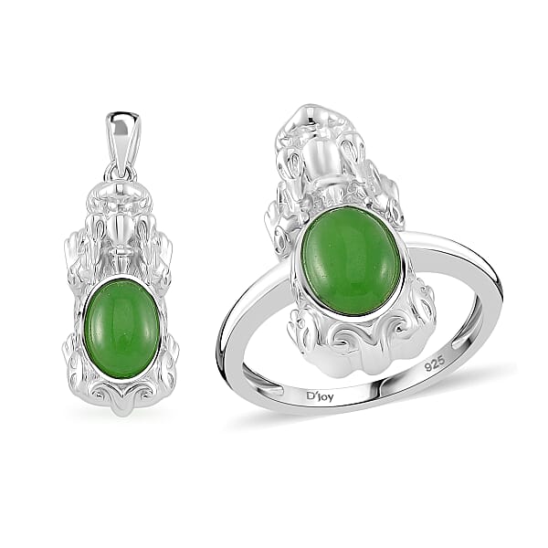 Green Jade (D) 3.30 ctw Pixiu Ring (Size 5.0) and Pendant without Chain in Rhodium Over Sterling Silver