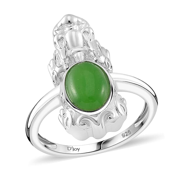 Green Jade (D) 3.30 ctw Pixiu Ring (Size 5.0) and Pendant without Chain in Rhodium Over Sterling Silver