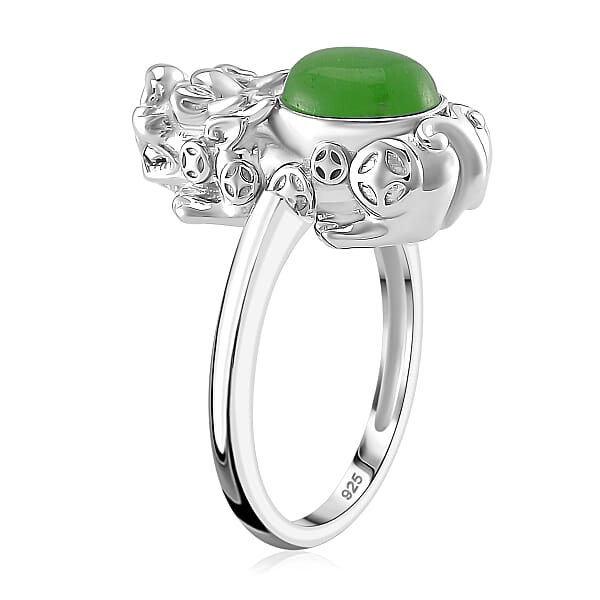 Green Jade (D) 3.30 ctw Pixiu Ring (Size 5.0) and Pendant without Chain in Rhodium Over Sterling Silver