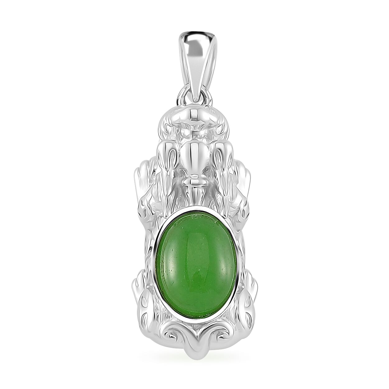 Green Jade (D) 3.30 ctw Pixiu Ring (Size 5.0) and Pendant without Chain in Rhodium Over Sterling Silver