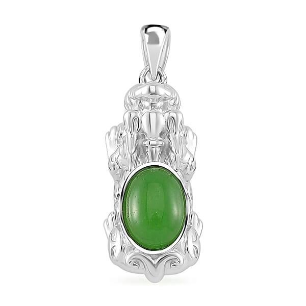 Green Jade (D) 3.30 ctw Pixiu Ring (Size 5.0) and Pendant without Chain in Rhodium Over Sterling Silver