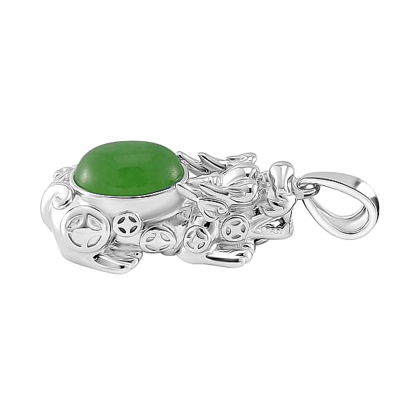 Green Jade (D) 3.30 ctw Pixiu Ring (Size 5.0) and Pendant without Chain in Rhodium Over Sterling Silver
