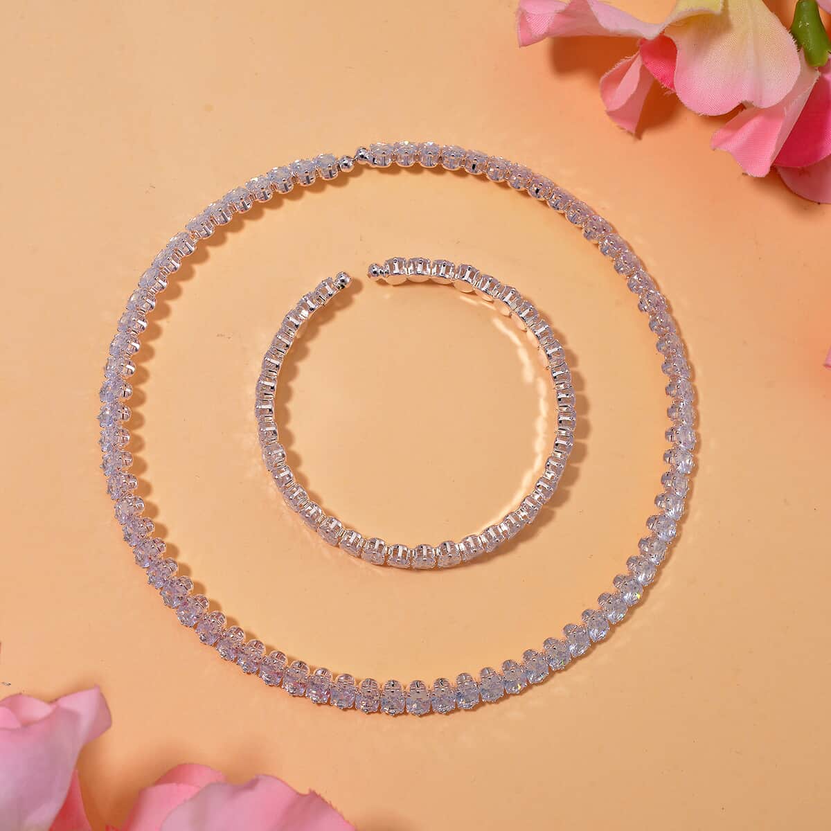 Simulated Diamond 130.00 ctw Choker Necklace (17 Inches) and Stretch Bracelet in Silvertone image number 1