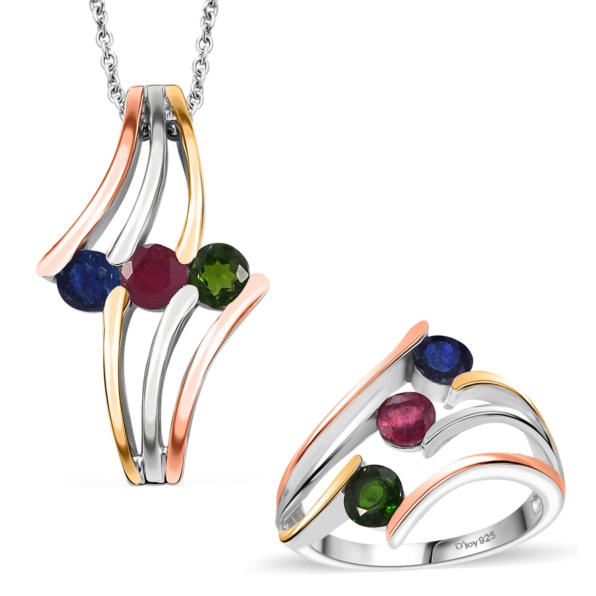 Multi Gemstone 2.00 ctw 3 Stone Ring (Size 6.0) and Pendant in Vermeil YRG & Rhodium Over Sterling Silver with Stainless Steel Necklace 20 Inches image number 0