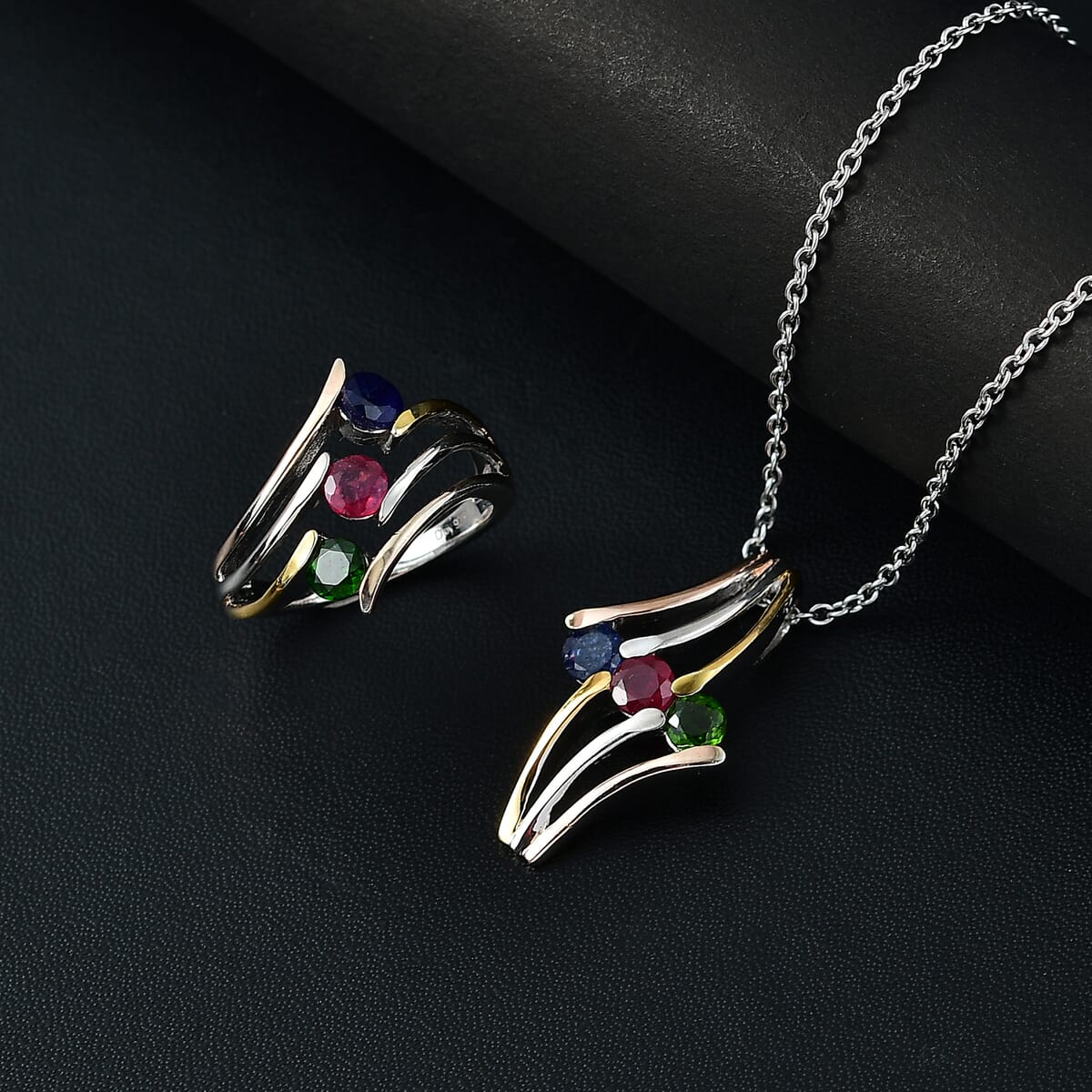 Multi Gemstone 2.00 ctw 3 Stone Ring (Size 6.0) and Pendant in Vermeil YRG & Rhodium Over Sterling Silver with Stainless Steel Necklace 20 Inches image number 1