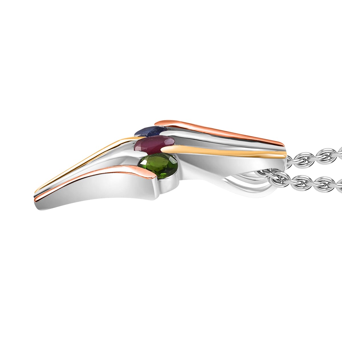 Multi Gemstone 2.00 ctw 3 Stone Ring (Size 6.0) and Pendant in Vermeil YRG & Rhodium Over Sterling Silver with Stainless Steel Necklace 20 Inches image number 7