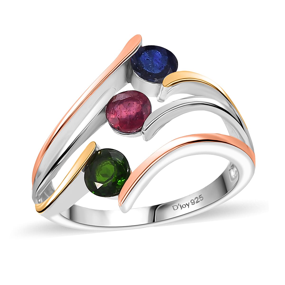 Multi Gemstone 2.00 ctw 3 Stone Ring (Size 8.0) and Pendant in Vermeil YRG & Rhodium Over Sterling Silver with Stainless Steel Necklace 20 Inches image number 3
