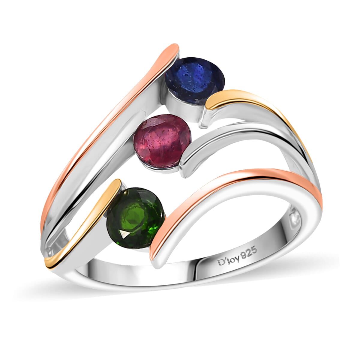 Multi Gemstone 2.00 ctw 3 Stone Ring (Size 9.0) and Pendant in Vermeil YRG & Rhodium Over Sterling Silver with Stainless Steel Necklace 20 Inches image number 3