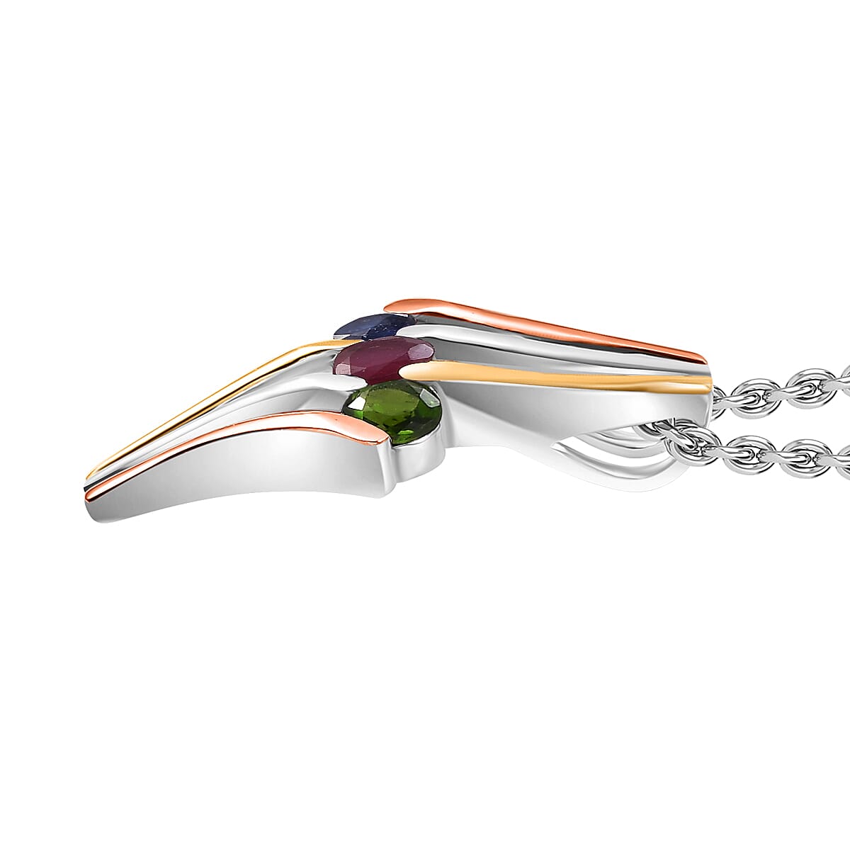 Multi Gemstone 2.00 ctw 3 Stone Ring (Size 10.0) and Pendant in Vermeil YRG & Rhodium Over Sterling Silver with Stainless Steel Necklace 20 Inches image number 7
