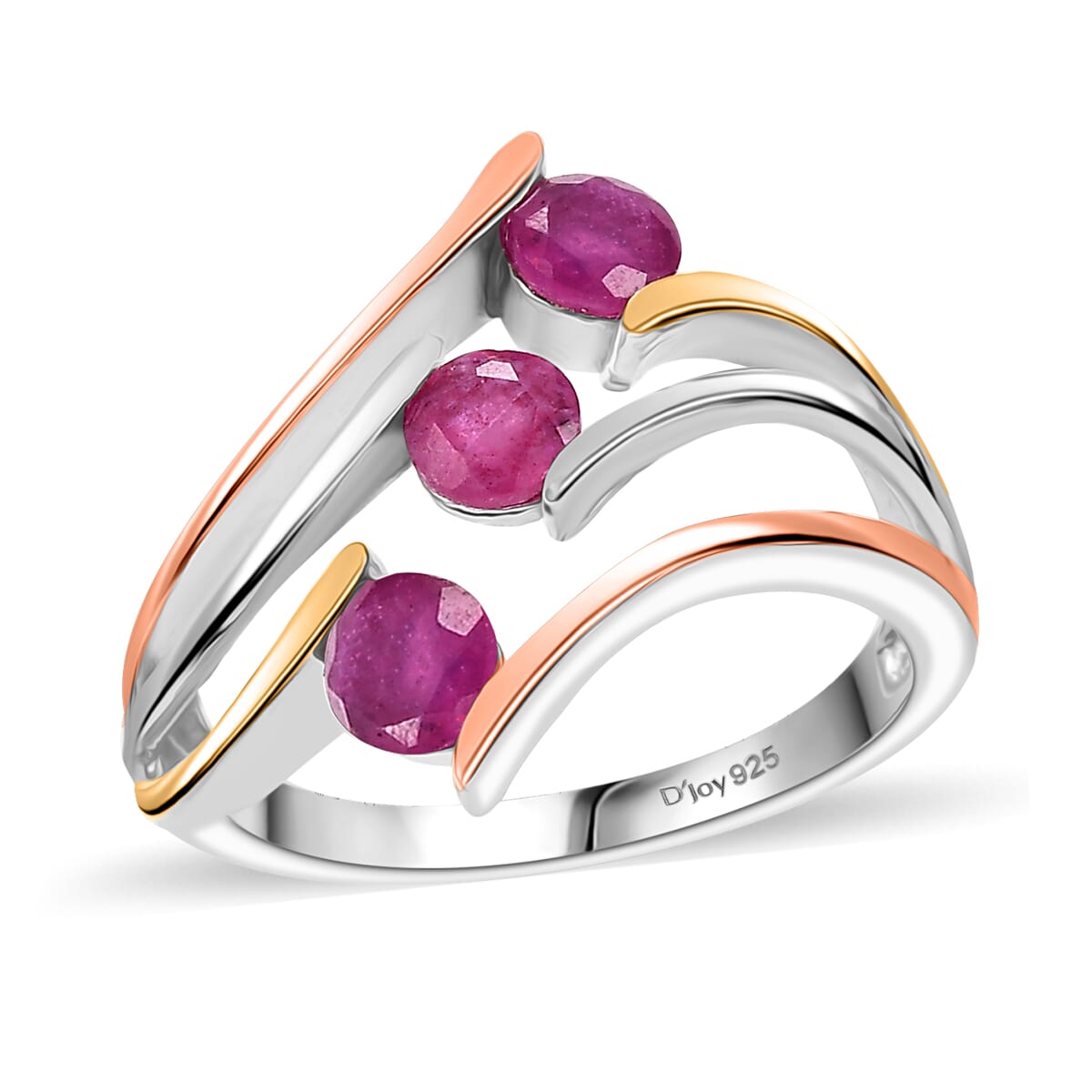 Niassa Ruby (FF) 2.40 ctw 3 Stone Ring (Size 9.00) and Pendant in Vermeil YRG & Rhodium Over Sterling Silver with Stainless Steel Chain 20 Inches image number 3