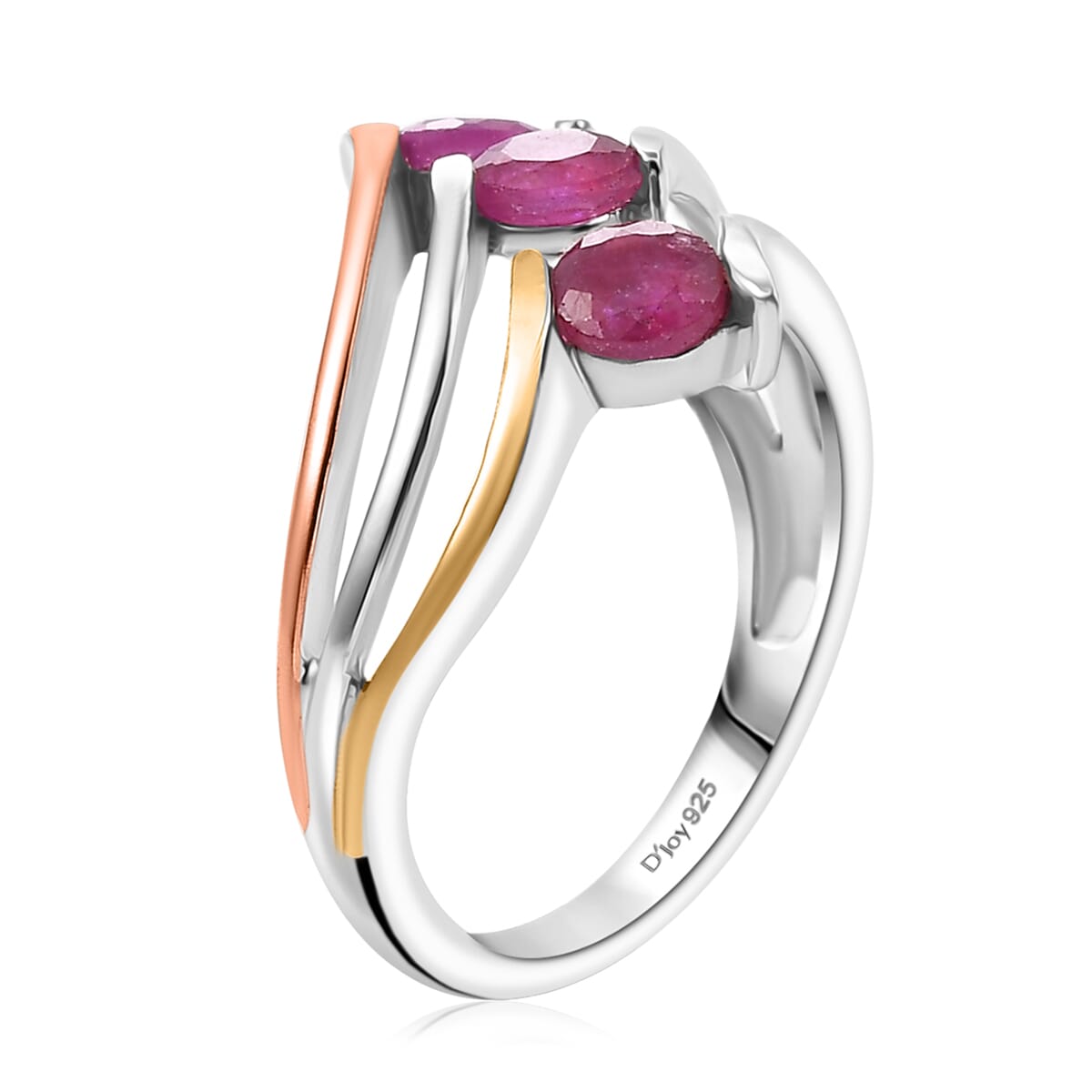 Niassa Ruby (FF) 2.40 ctw 3 Stone Ring (Size 9.00) and Pendant in Vermeil YRG & Rhodium Over Sterling Silver with Stainless Steel Chain 20 Inches image number 4