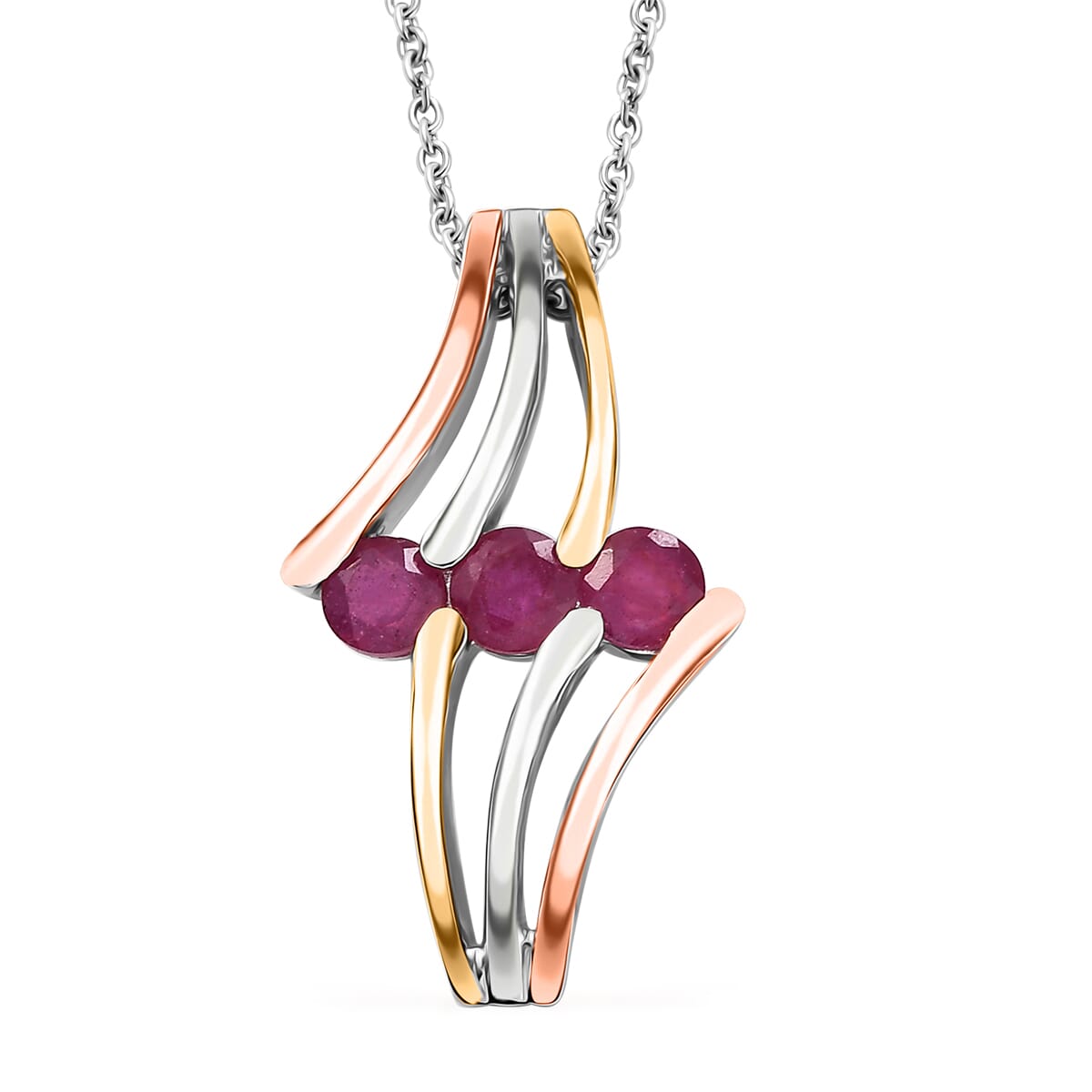 Niassa Ruby (FF) 2.40 ctw 3 Stone Ring (Size 9.00) and Pendant in Vermeil YRG & Rhodium Over Sterling Silver with Stainless Steel Chain 20 Inches image number 6