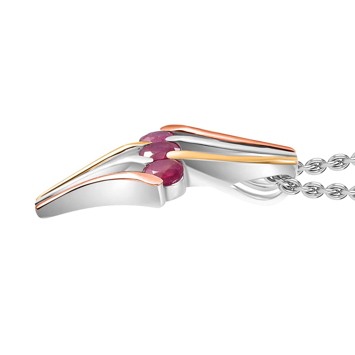 Niassa Ruby (FF) 2.40 ctw 3 Stone Ring (Size 9.00) and Pendant in Vermeil YRG & Rhodium Over Sterling Silver with Stainless Steel Chain 20 Inches image number 7