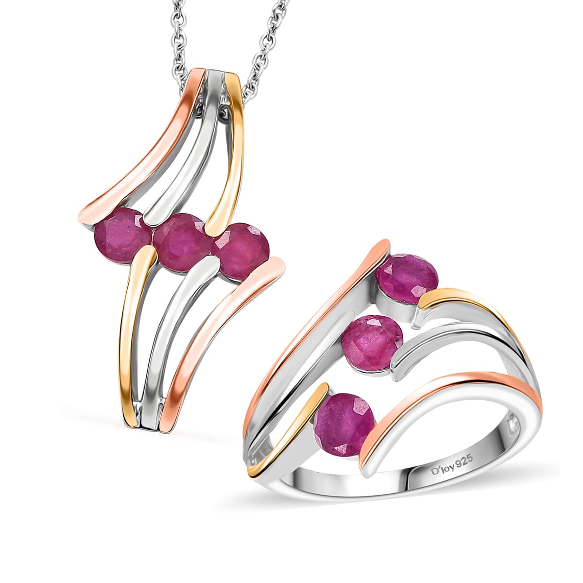 Niassa Ruby (FF) 2.40 ctw 3 Stone Ring (Size 10.00) and Pendant in Vermeil YRG & Rhodium Over Sterling Silver with Stainless Steel Chain 20 Inches image number 0