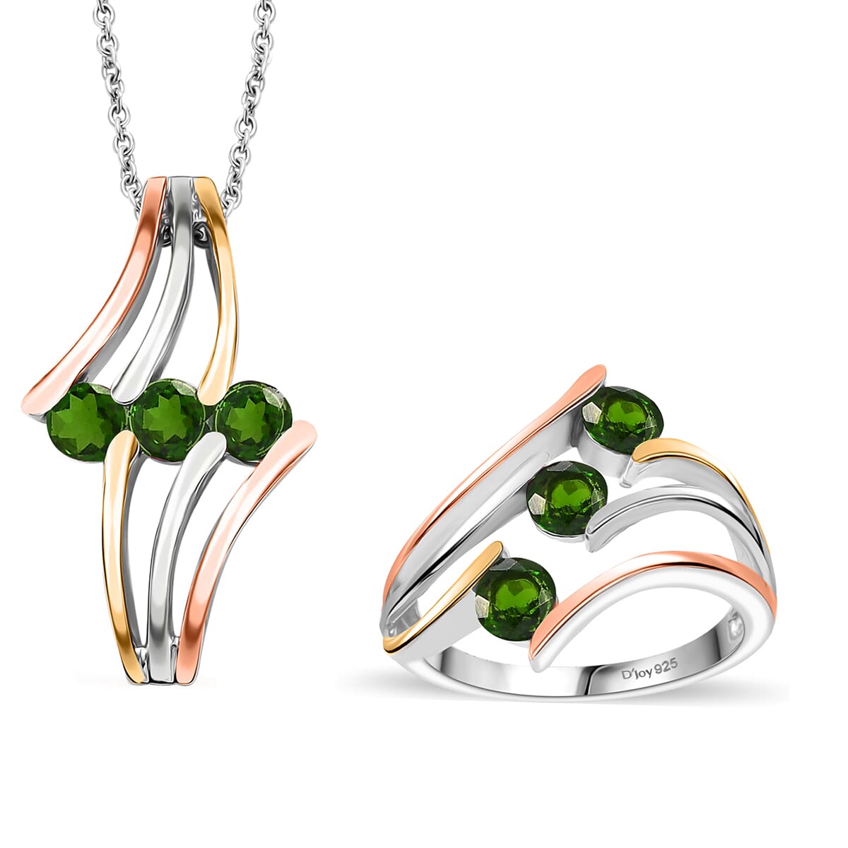 Chrome Diopside 1.80 ctw 3 Stone Ring (Size 6.00) and Pendant in Vermeil YRG & Rhodium Over Sterling Silver with Stainless Steel Chain 20 Inches image number 0