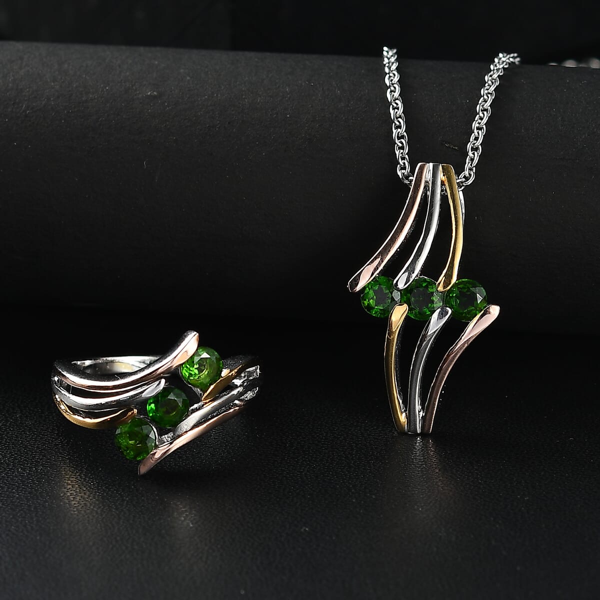 Chrome Diopside 1.80 ctw 3 Stone Ring (Size 6.00) and Pendant in Vermeil YRG & Rhodium Over Sterling Silver with Stainless Steel Chain 20 Inches image number 1