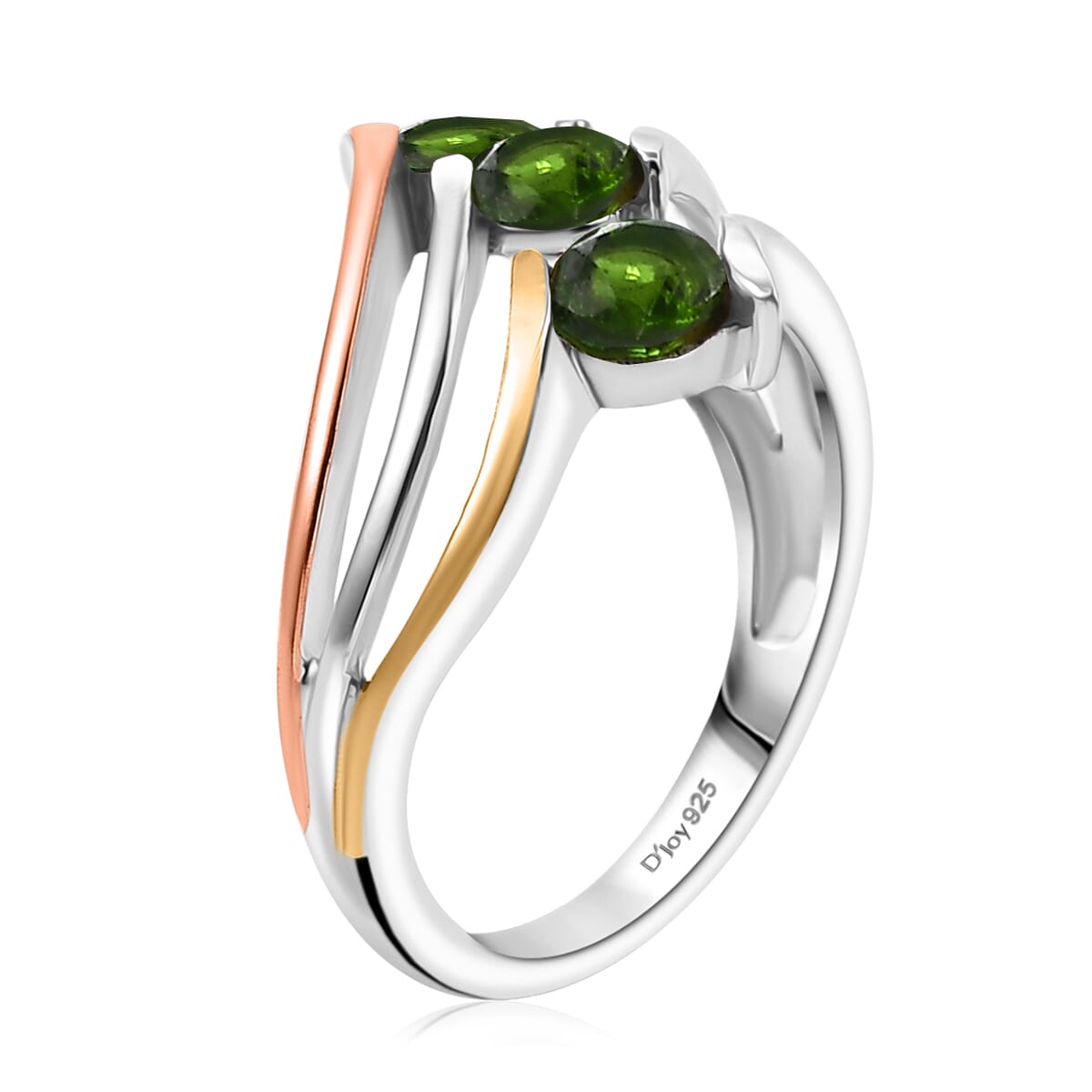Chrome Diopside 1.80 ctw 3 Stone Ring (Size 6.00) and Pendant in Vermeil YRG & Rhodium Over Sterling Silver with Stainless Steel Chain 20 Inches image number 4