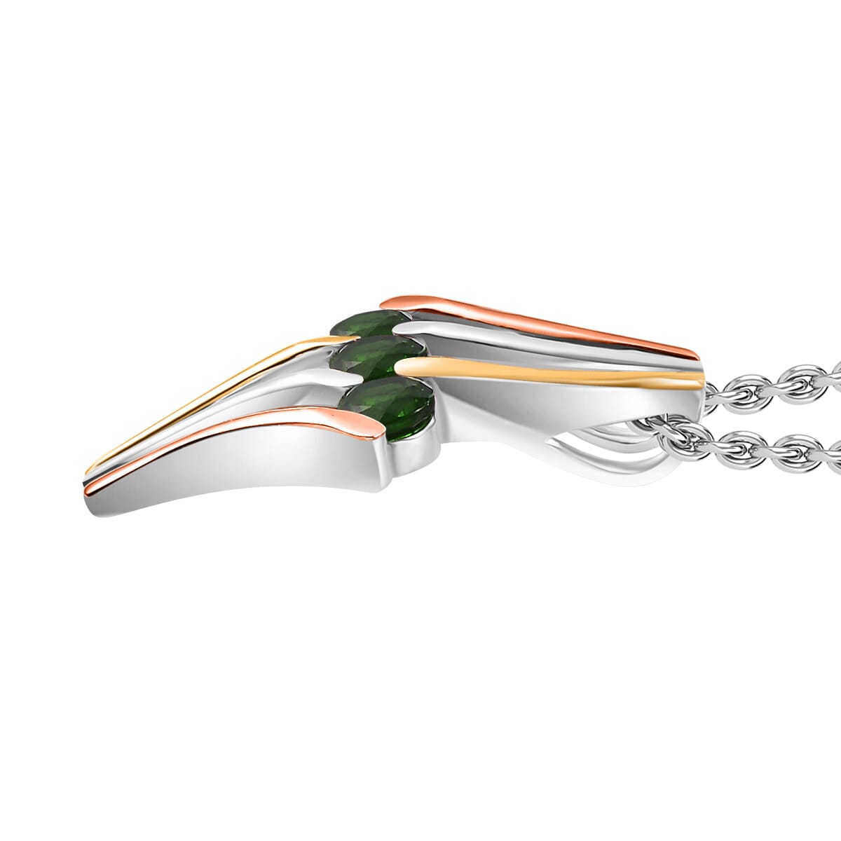 Chrome Diopside 1.80 ctw 3 Stone Ring (Size 6.00) and Pendant in Vermeil YRG & Rhodium Over Sterling Silver with Stainless Steel Chain 20 Inches image number 7