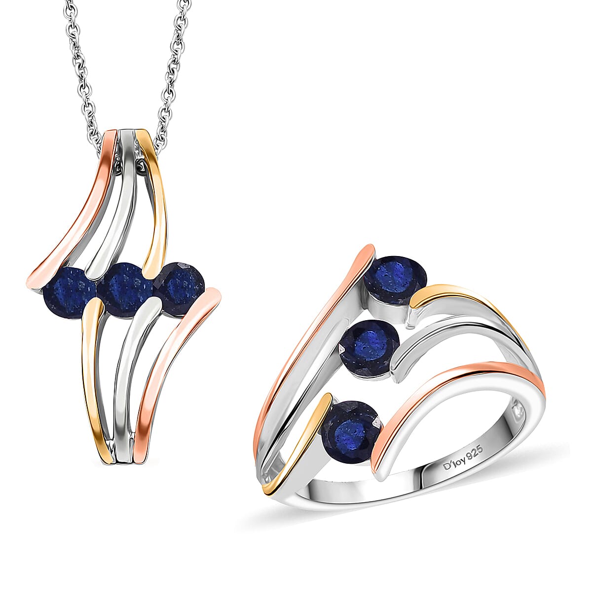 Masoala Sapphire (D) 2.35 ctw 3 Stone Ring (Size 6.00) and Pendant in Vermeil YRG & Rhodium Over Sterling Silver with Stainless Steel Chain 20 Inches image number 0