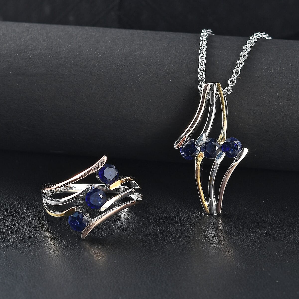 Masoala Sapphire (D) 2.35 ctw 3 Stone Ring (Size 6.00) and Pendant in Vermeil YRG & Rhodium Over Sterling Silver with Stainless Steel Chain 20 Inches image number 1