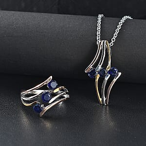 Masoala Sapphire (D) 2.35 ctw 3 Stone Ring (Size 6.00) and Pendant in Vermeil YRG & Rhodium Over Sterling Silver with Stainless Steel Chain 20 Inches