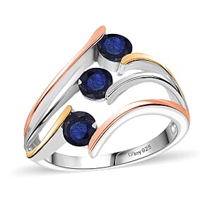 Masoala Sapphire (D) 2.35 ctw 3 Stone Ring (Size 6.00) and Pendant in Vermeil YRG & Rhodium Over Sterling Silver with Stainless Steel Chain 20 Inches