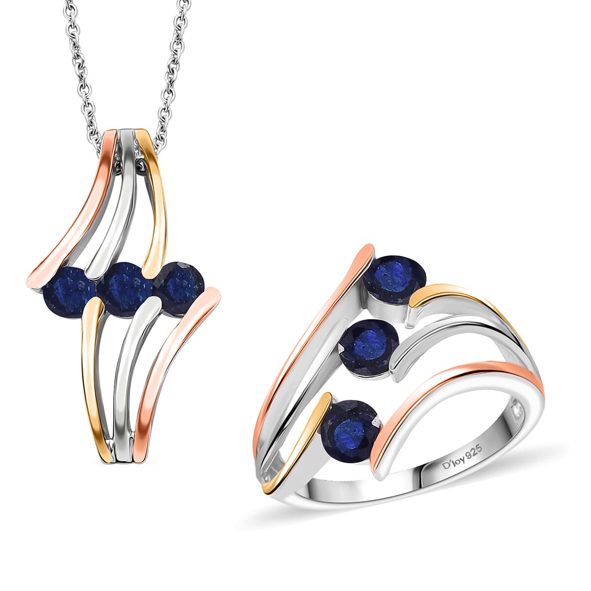 Masoala Sapphire (D) 2.35 ctw 3 Stone Ring (Size 8.00) and Pendant in Vermeil YRG & Rhodium Over Sterling Silver with Stainless Steel Chain 20 Inches image number 0