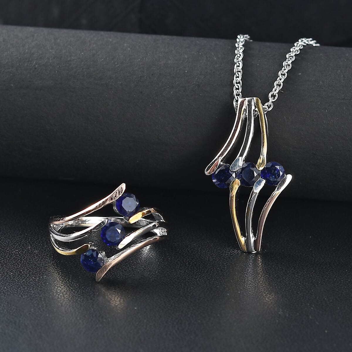 Masoala Sapphire (D) 2.35 ctw 3 Stone Ring (Size 8.00) and Pendant in Vermeil YRG & Rhodium Over Sterling Silver with Stainless Steel Chain 20 Inches image number 1