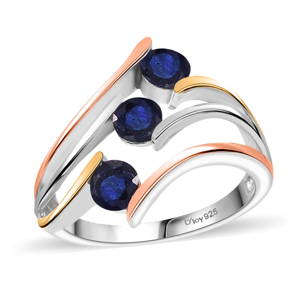 Masoala Sapphire (D) 2.35 ctw 3 Stone Ring (Size 8.00) and Pendant in Vermeil YRG & Rhodium Over Sterling Silver with Stainless Steel Chain 20 Inches image number 3