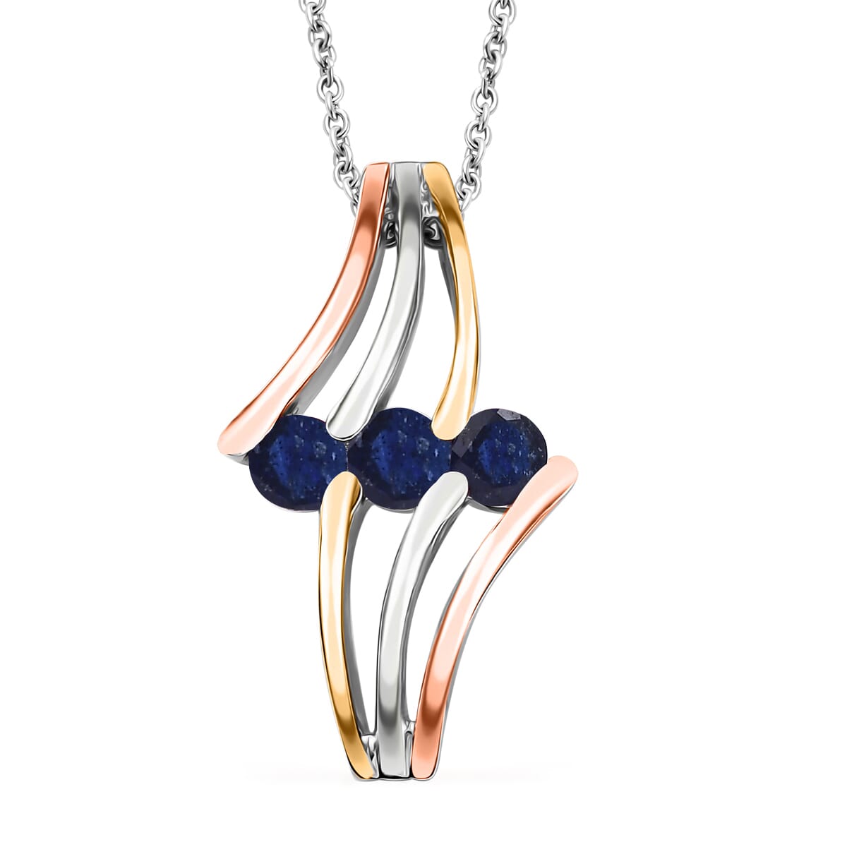 Masoala Sapphire (D) 2.35 ctw 3 Stone Ring (Size 8.00) and Pendant in Vermeil YRG & Rhodium Over Sterling Silver with Stainless Steel Chain 20 Inches image number 6