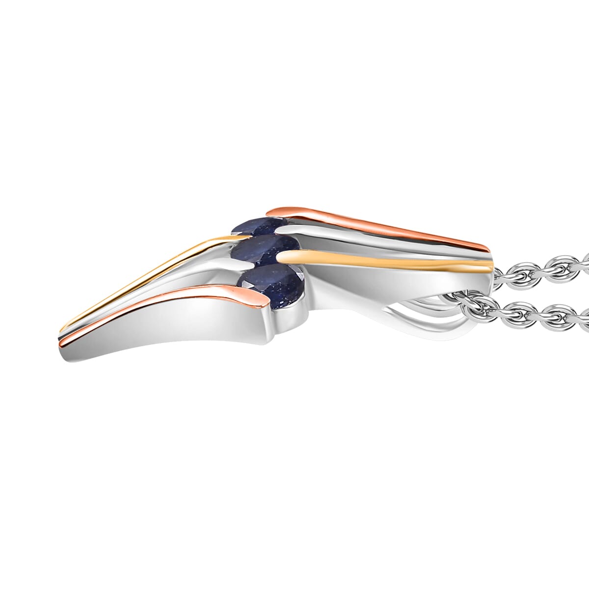 Masoala Sapphire (D) 2.35 ctw 3 Stone Ring (Size 8.00) and Pendant in Vermeil YRG & Rhodium Over Sterling Silver with Stainless Steel Chain 20 Inches image number 7