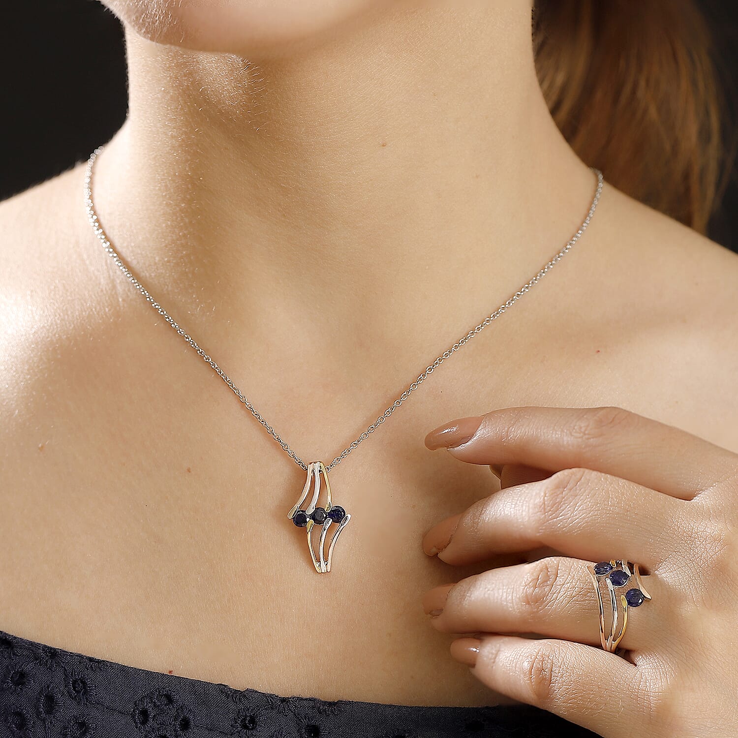 Masoala Sapphire (D) 2.35 ctw 3 Stone Ring (Size 9.00) and Pendant in Vermeil YRG & Rhodium Over Sterling Silver with Stainless Steel Chain 20 Inches