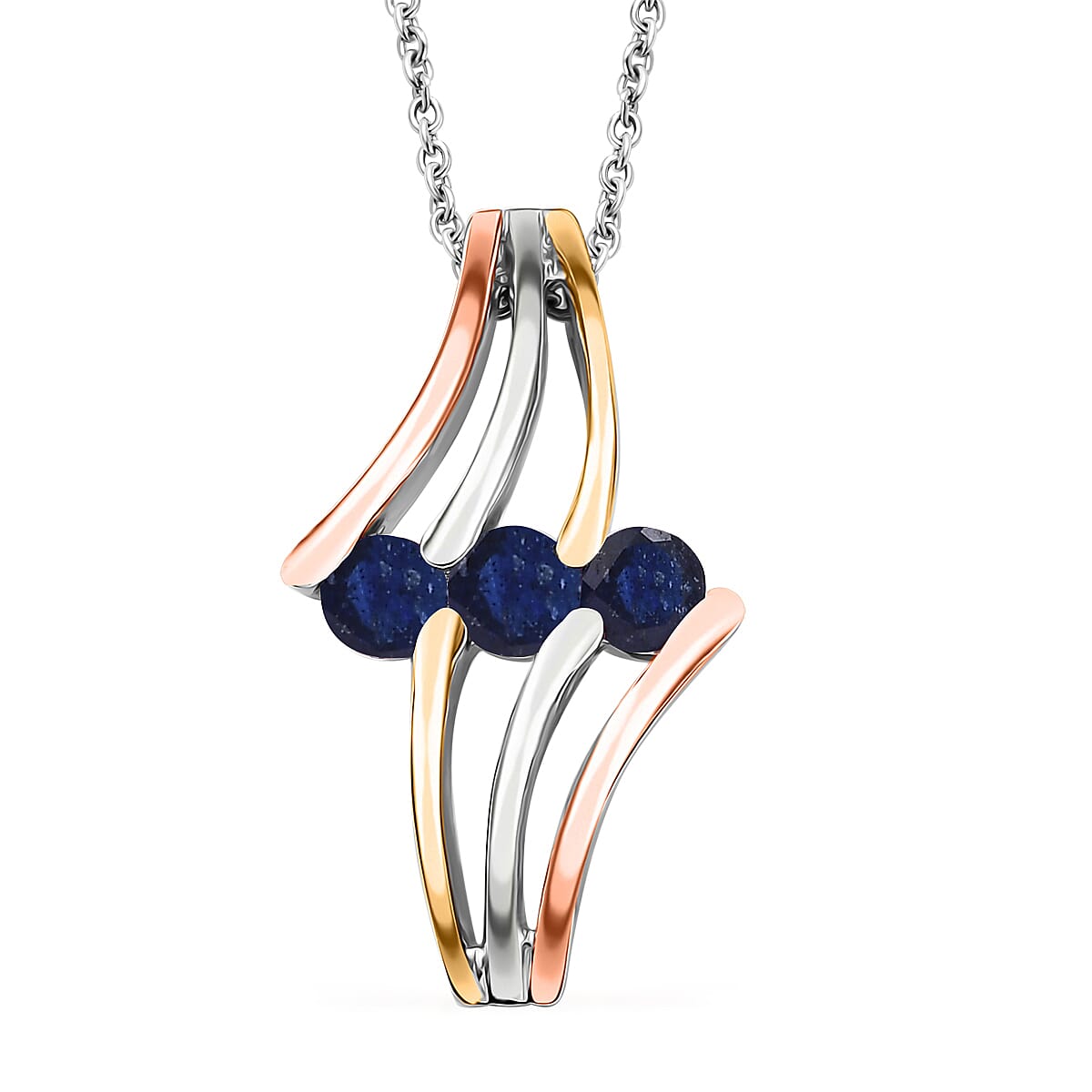 Masoala Sapphire (D) 2.35 ctw 3 Stone Ring (Size 9.00) and Pendant in Vermeil YRG & Rhodium Over Sterling Silver with Stainless Steel Chain 20 Inches
