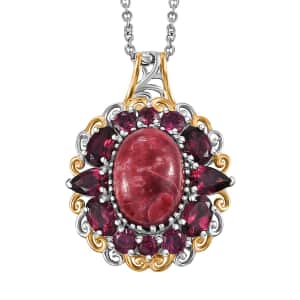 Karis Norwegian Thulite and Orissa Rhodolite Garnet 13.10 ctw Eternal Rose Pendant in 18K YG Plated and Platinum Bond with Stainless Steel Necklace 20 Inches