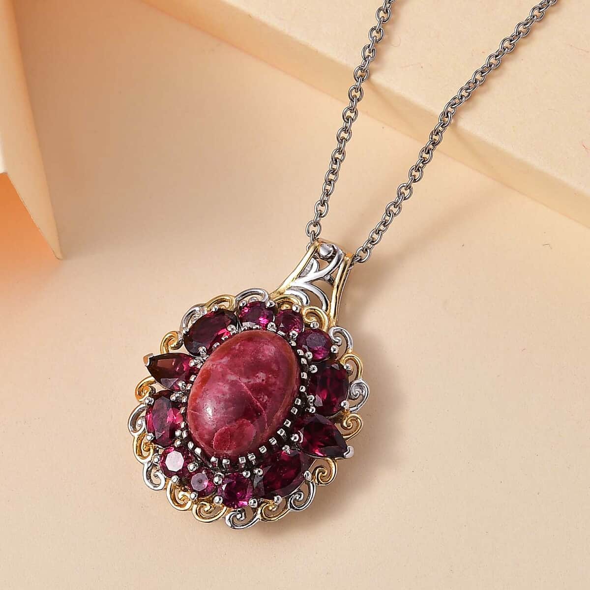 Karis Norwegian Thulite and Orissa Rhodolite Garnet 13.10 ctw Eternal Rose Pendant in 18K YG Plated and Platinum Bond with Stainless Steel Necklace 20 Inches image number 1