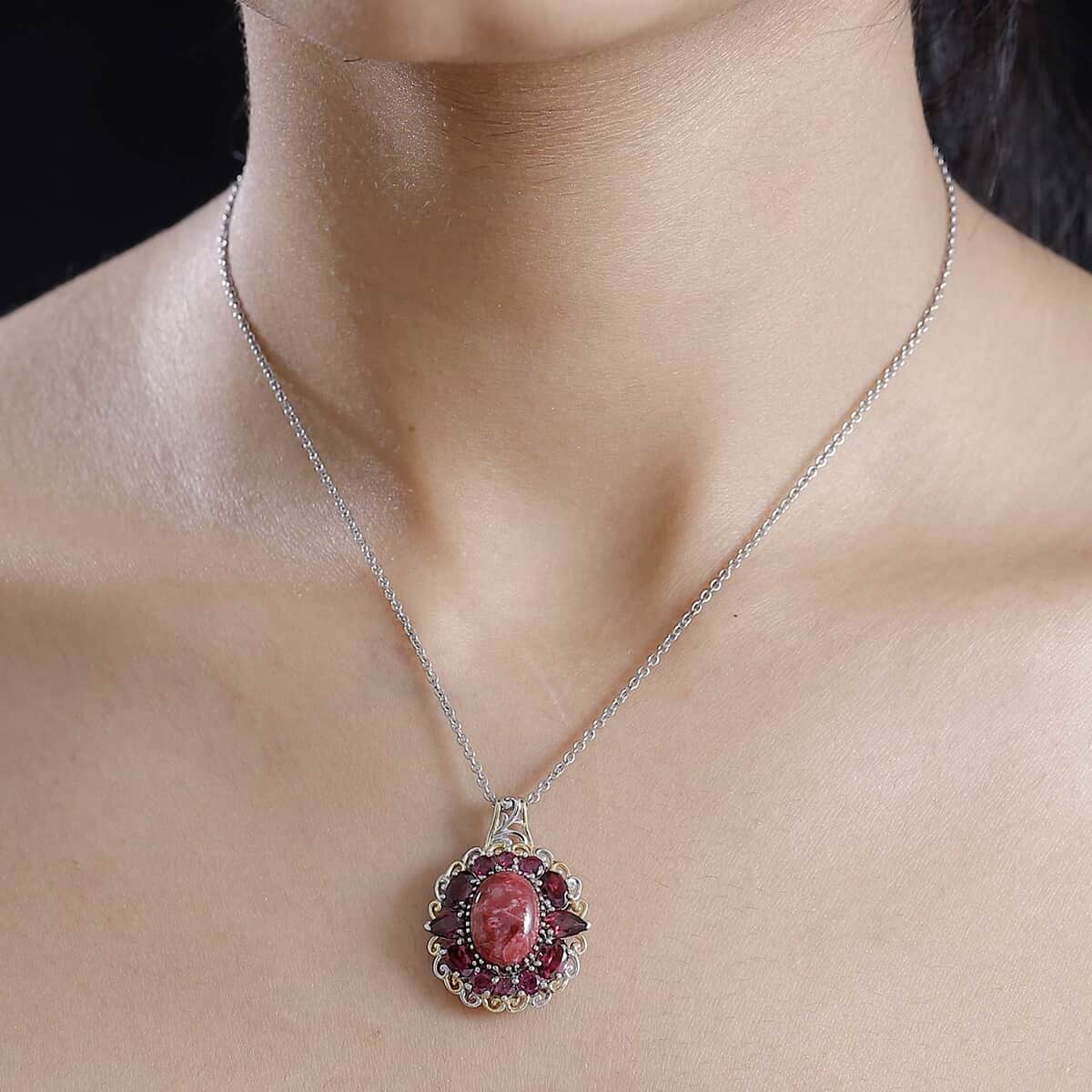 Karis Norwegian Thulite and Orissa Rhodolite Garnet 13.10 ctw Eternal Rose Pendant in 18K YG Plated and Platinum Bond with Stainless Steel Necklace 20 Inches image number 2