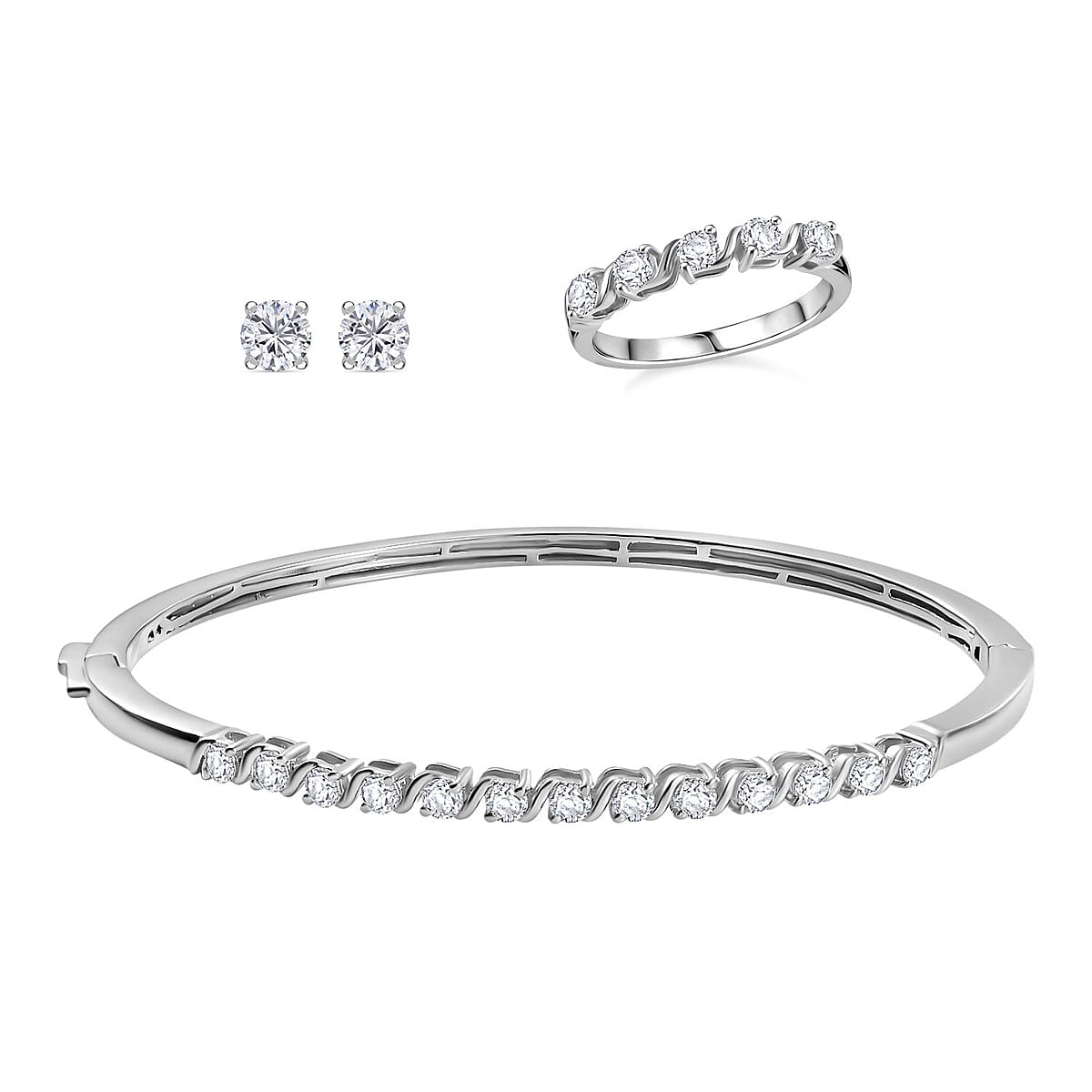 Set of 3 Moissanite 2.75 ctw Swirl Wave Bangle Bracelet (7.25In), Ring (Size 5.0) and Solitaire Stud Earrings in Rhodium Over Sterling Silver image number 0
