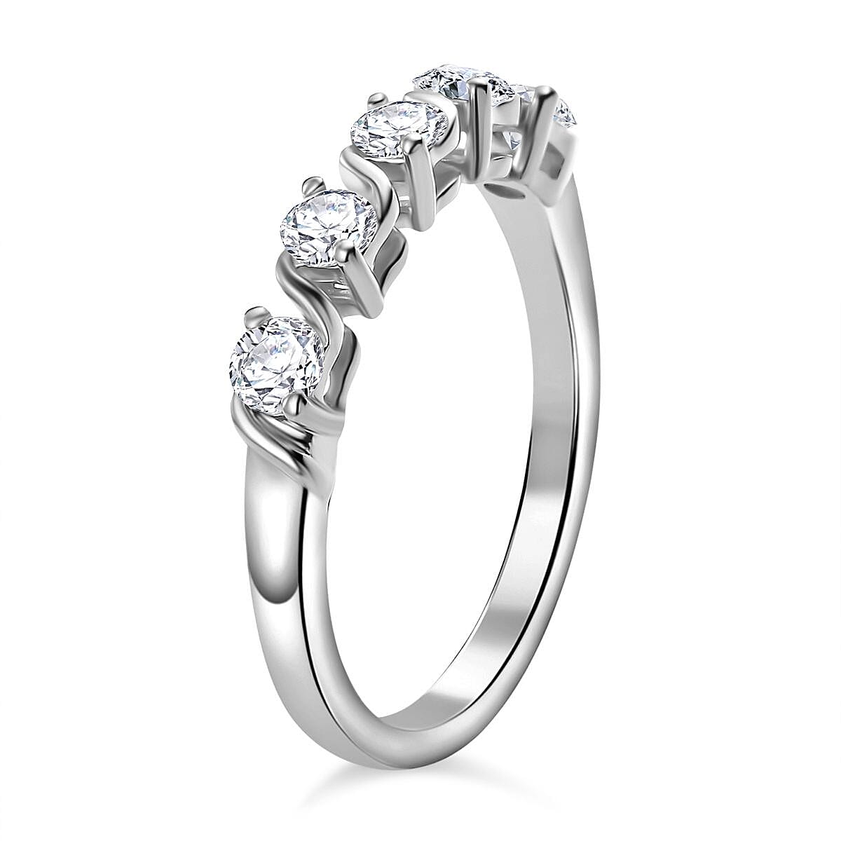 Set of 3 Moissanite 2.75 ctw Swirl Wave Bangle Bracelet (7.25In), Ring (Size 5.0) and Solitaire Stud Earrings in Rhodium Over Sterling Silver image number 3